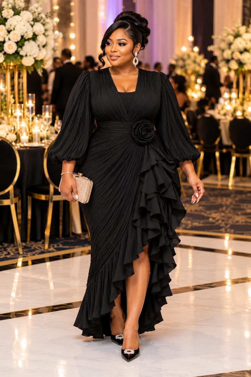 Black Ruffle Wrap Gown