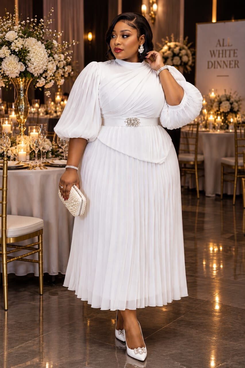 White Pleated Puff-Sleeve Dress