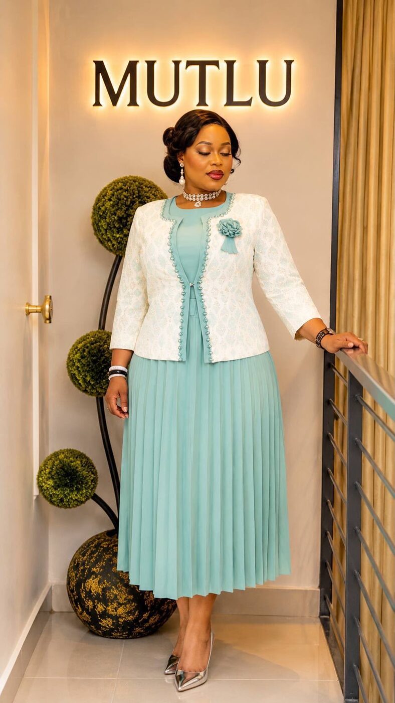 Mint Pleated Dress & Ivory Jacket